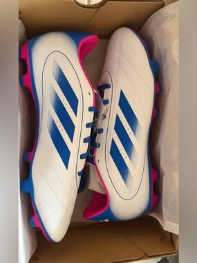 Adult White & Blue Soccer Cleats with Pink Accents